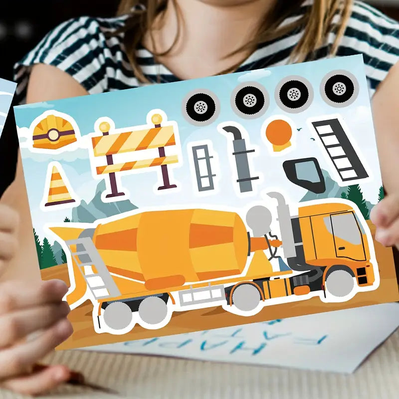 Child holding a construction-themed sticker sheet with cement mixer truck