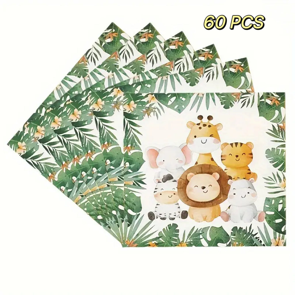 60 PCS Jungle Safari Party Napkins - Adorable Animal Theme Disposable Napkins for Baby Showers, Birthdays, and Events