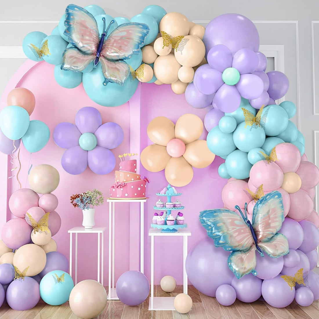 Blue and Pink Butterfly Balloon Decoration Kit - 163 PCS Set for Birthday Parties, Baby Showers, and Special Celebrations