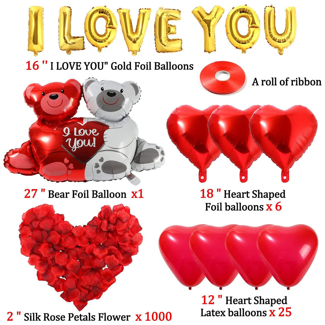 "I Love You" Balloon Decoration Kit - Includes Heart-Shaped Balloons, Bear Foil Balloon, “I Love You” Foil Letters, and Silk Rose Petals for Valentine’s Day, Anniversaries, and Romantic Celebrations