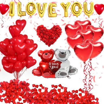 "I Love You" Balloon Decoration Kit - Includes Heart-Shaped Balloons, Bear Foil Balloon, “I Love You” Foil Letters, and Silk Rose Petals for Valentine’s Day, Anniversaries, and Romantic Celebrations