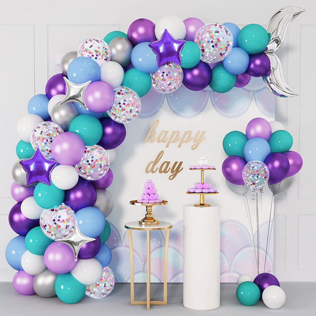 One Set Mermaid Party Balloon Garland Kit  (4 Types Option)- Includes Balloons, Mermaid Tail, Stars, and Confetti for Kids’ Birthday, Baby Shower, and Themed Celebrations