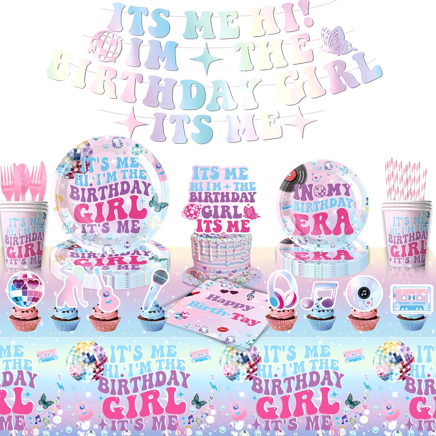 “It’s Me! I’m the Birthday Girl” Party Set – Includes Plates, Cups, Banner, Napkins, Tablecloth, and More – Perfect for Girls’ Birthday, Celebration, and Party Decor