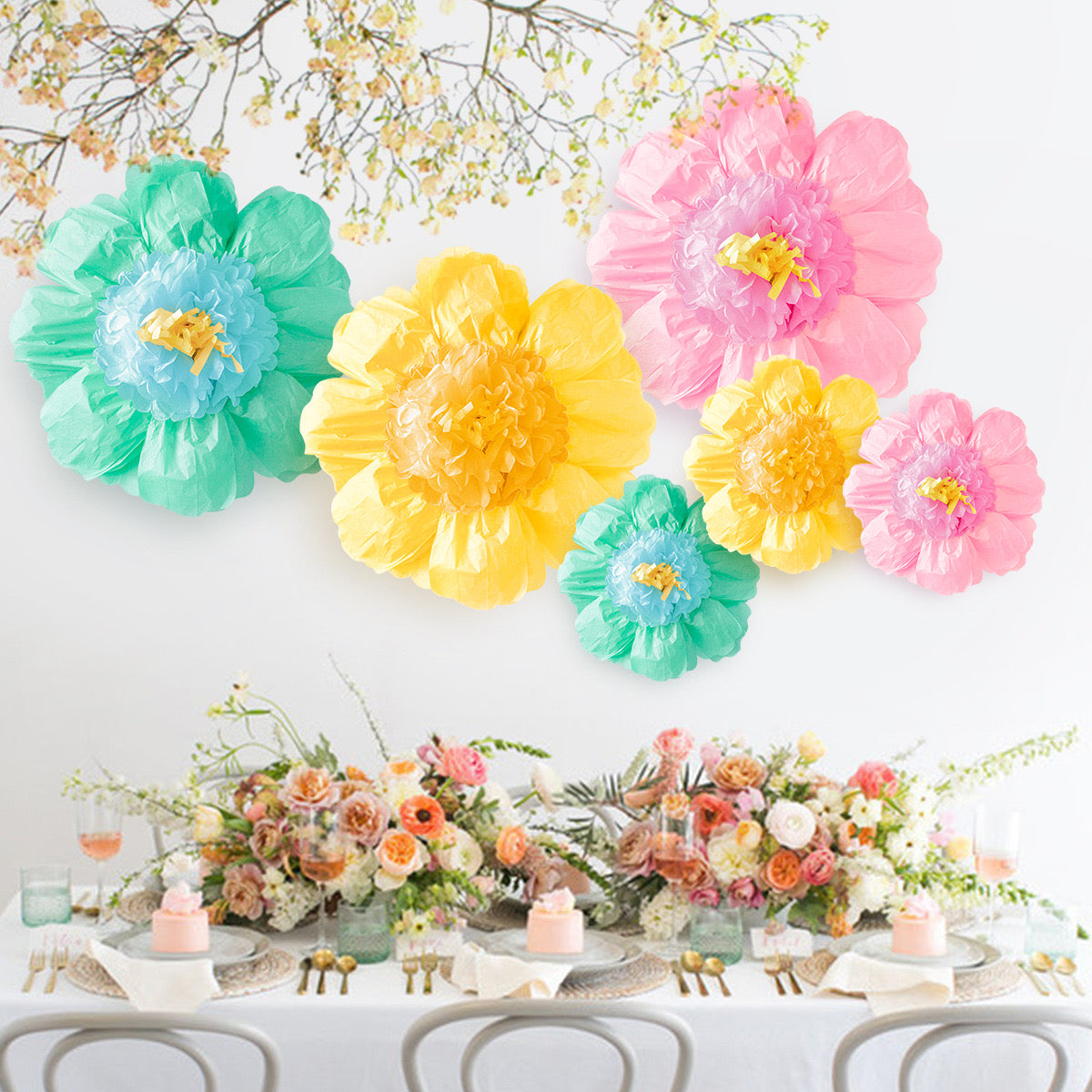 3Pcs/Set Flower Wall Decor Set – Vibrant Paper Flowers in Yellow, Pink, and Green – 30cm & 60cm Sizes – Perfect for Party and Event Decorations