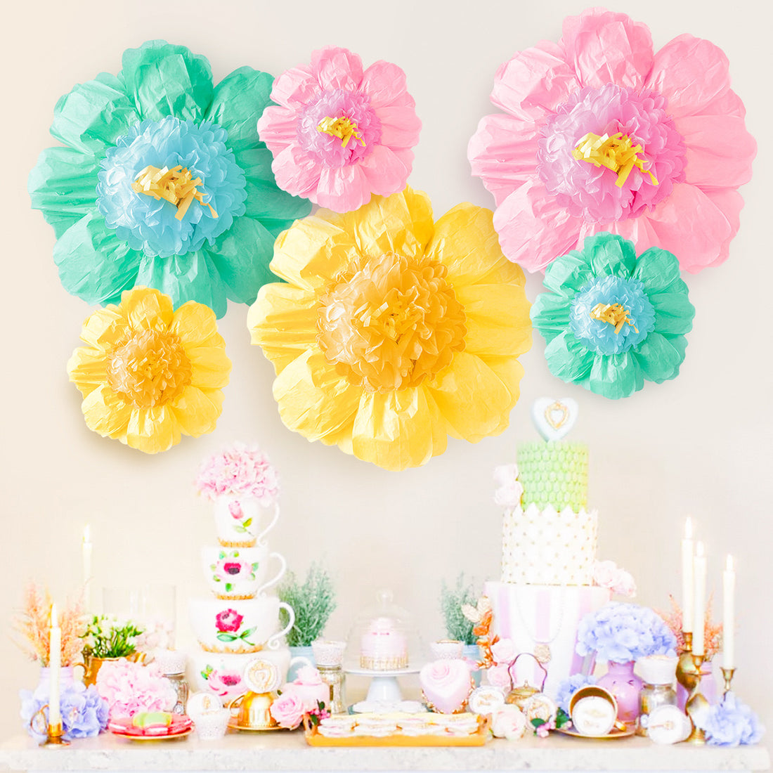 3Pcs/Set Flower Wall Decor Set – Vibrant Paper Flowers in Yellow, Pink, and Green – 30cm & 60cm Sizes – Perfect for Party and Event Decorations