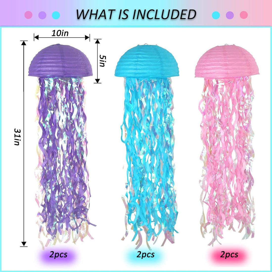 6PCS Jellyfish Lanterns Set for Party Decoration - 6PCS, Assorted Colors, 31” Hanging Jellyfish Lanterns for Kids Birthday, Mermaid, Under the Sea Themed Party