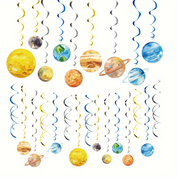 “18PCS Solar System Planet Decoration Set with 30PCS Spiral Streamers - Perfect for Kids Birthday or Space Theme Party”