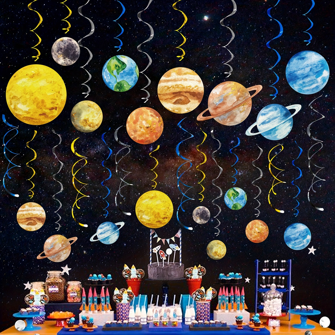 “18PCS Solar System Planet Decoration Set with 30PCS Spiral Streamers - Perfect for Kids Birthday or Space Theme Party”