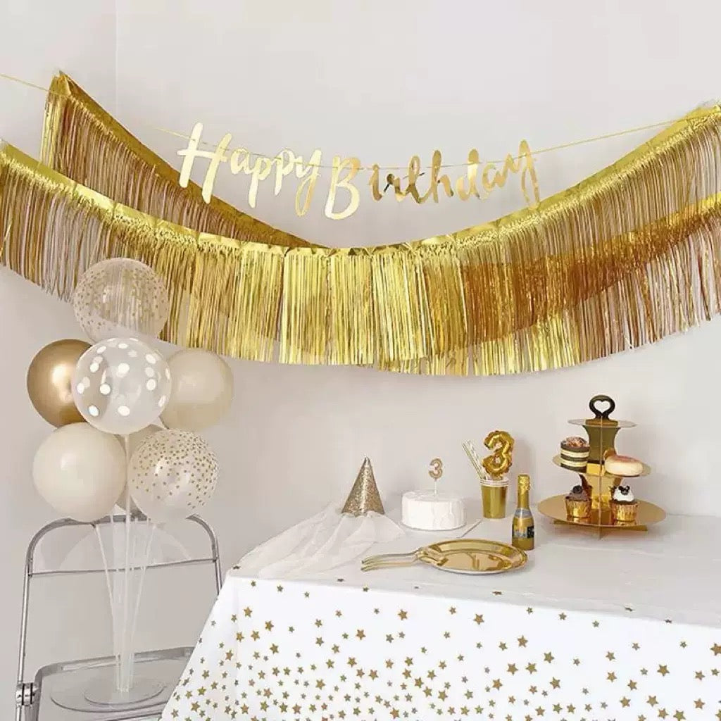 3Pcs/Set Happy Birthday Foil Banner with Fringe Tassel Garland – Elegant Gold and Rose Gold Decoration for Birthday Parties