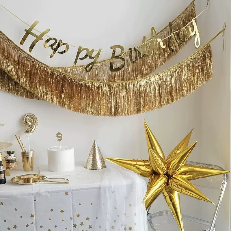 3Pcs/Set Happy Birthday Foil Banner with Fringe Tassel Garland – Elegant Gold and Rose Gold Decoration for Birthday Parties