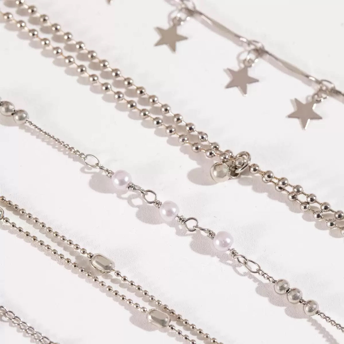 6-Piece Silver Layered Bracelet Set for Women, Dainty Heart Star Pearl Beaded Chain Stack, Adjustable Cute Minimalist Wrist Jewelry, Perfect Gift for Her, Trendy Everyday Accessories