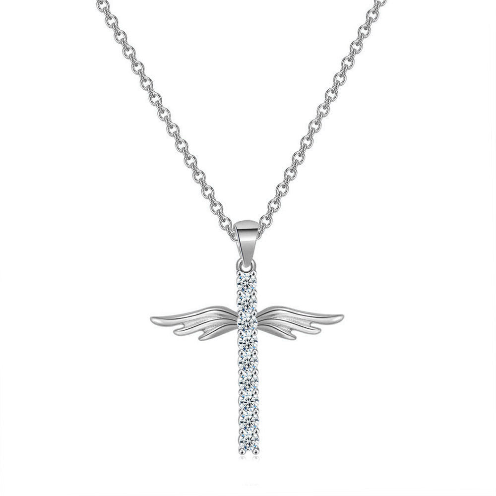 Angel Wing Cross Necklace – 14K Gold & Platinum Plated, Cubic Zirconia Pendant for Women