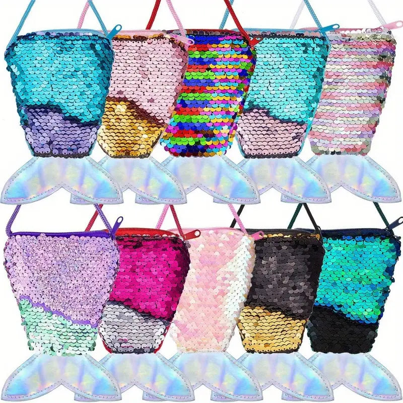 10PCS Mermaid Sequin Crossbody Purse – 6.3 inch Sparkling Reversible Sequin Handbag with Heart Design, for Girls and Kids (Multiple Colors)