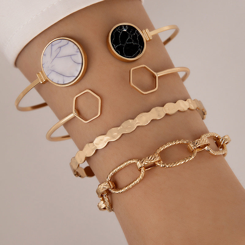 5-Piece Gold Bracelet Set – Minimalist Geometric Bangles & Chain | Adjustable, Boho Layered Look