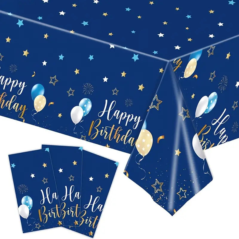 Set of 3 Navy Blue Birthday Tablecloths - Balloon and Star Design for Party Decorations