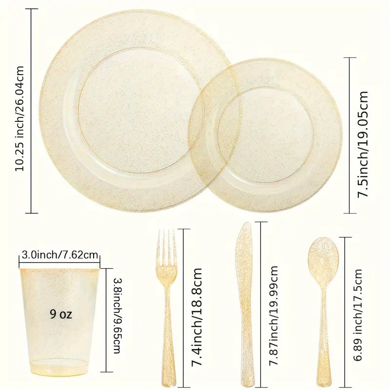 Luxury Gold Disposable Dinnerware Set - 50 Dinner Plates, 50 Dessert Plates, 50 Cups, 150 Utensils (Forks, Knives, Spoons) | Elegant Plastic Tableware for Weddings, Parties & Events