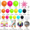 neon balloon decoration set with disco ball, roller skate and boombox foil balloons