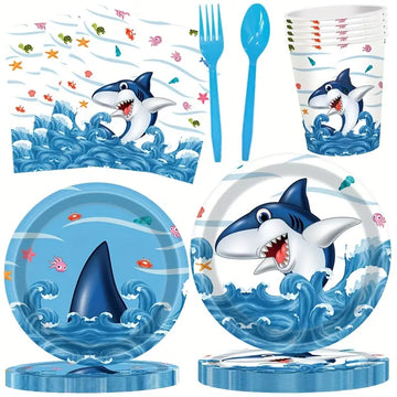 100 PCS Shark Theme Party Supplies Set For 16 Guests - Plates, Cups, Napkins, and Utensils for Kids’ Birthday Decorations