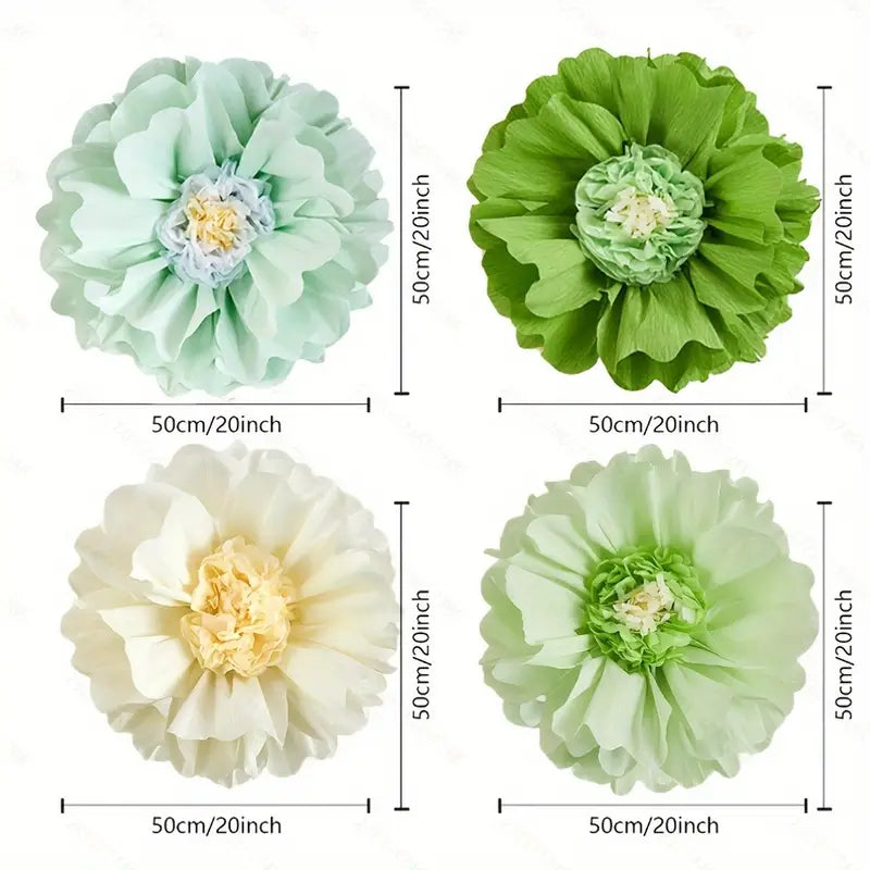 Set of four giant crepe paper flowers, 20-inch size, in pastel colors for party decoration.
