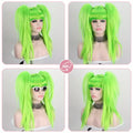 360-degree view of green cosplay wig with blunt bangs and high-volume ponytails