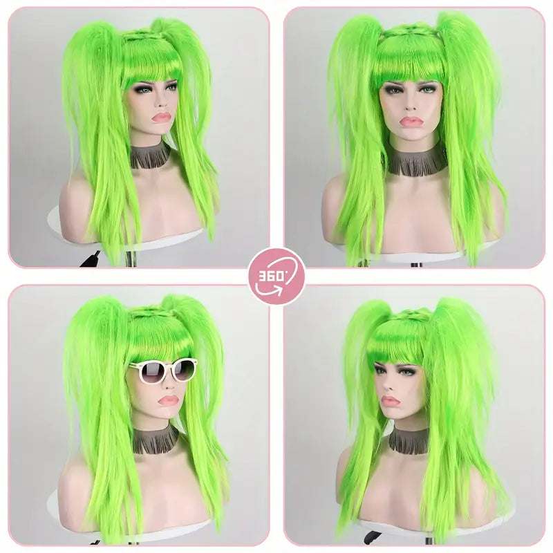 360-degree view of green cosplay wig with blunt bangs and high-volume ponytails