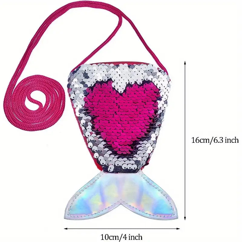 10PCS Mermaid Sequin Crossbody Purse – 6.3 inch Sparkling Reversible Sequin Handbag with Heart Design, for Girls and Kids (Multiple Colors)