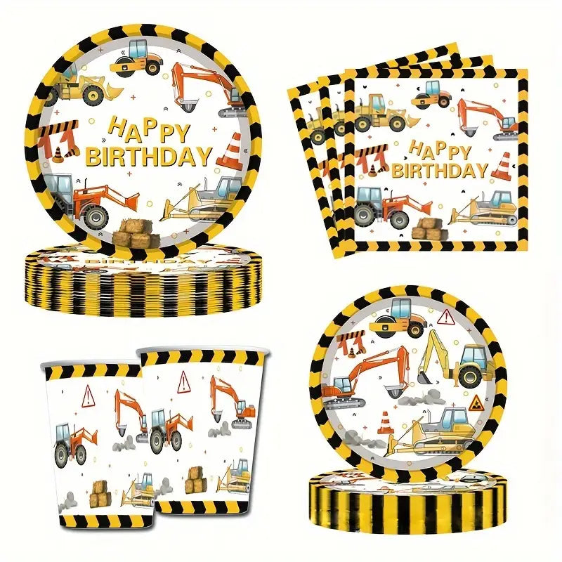 96 PCS Construction Theme Party Supplies - Plates, Cups, Napkins Set for Kids’ Birthday Decorations