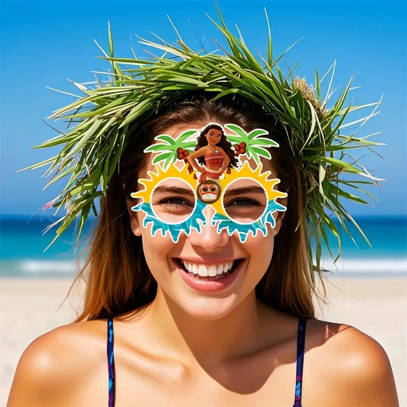 Fun Moana-themed glasses with tropical designs perfect for luaus and beach parties.