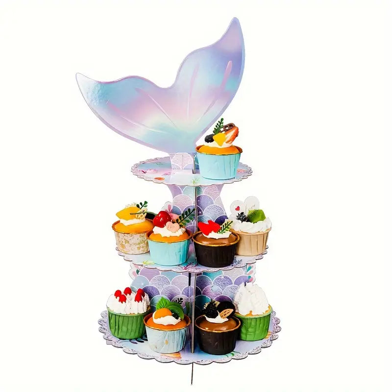 1 SET/3 SETS Mermaid-Themed 3-Tier Cupcake Stand - Underwater Party Dessert Display for Birthdays, Baby Showers, and Ocean-Themed Events