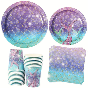 Mermaid Party Supplies Set – 80 Pcs Disposable Plates, Cups, and Napkins for Kids’ Birthday