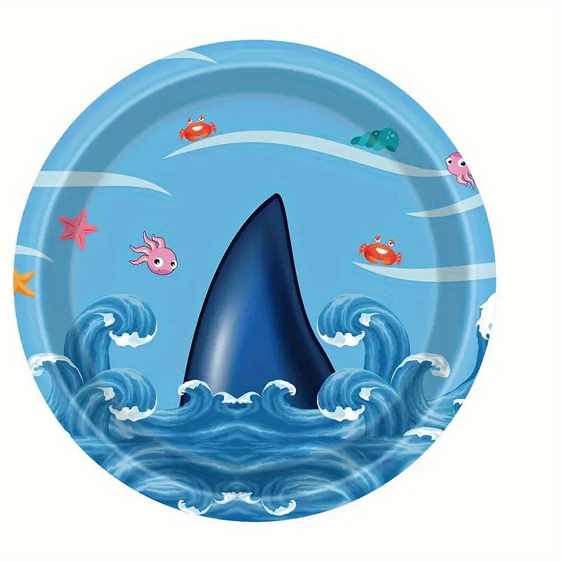 100 PCS Shark Theme Party Supplies Set For 16 Guests - Plates, Cups, Napkins, and Utensils for Kids’ Birthday Decorations