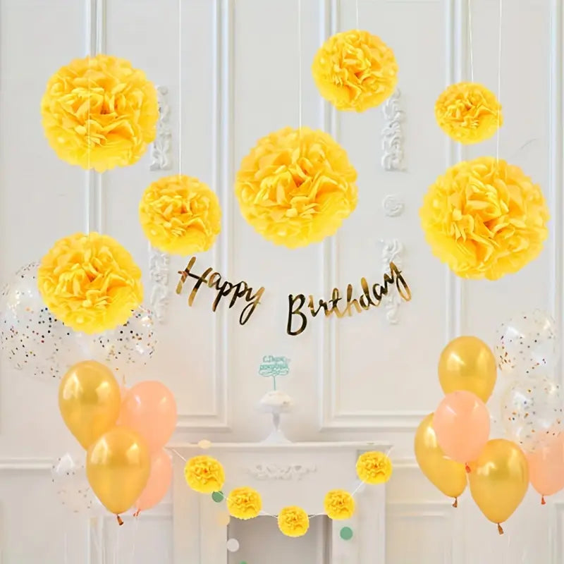 Yellow Tissue Paper Pom Poms - 9PCS Hanging Flower Balls for Party, Baby Shower, Birthday, Wedding Decorations