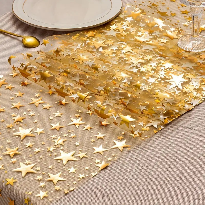 1PC Gold Star Table Runner for Party Decoration – 108 Inches Long, Perfect for Weddings, Birthdays, and Holiday Celebrations – Glittering Gold Stars on Clear Fabric