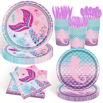 Mermaid Party Supplies Set - 168 PCS/For 24 Guests Under the Sea Themed Disposable Tableware for Kids Birthday