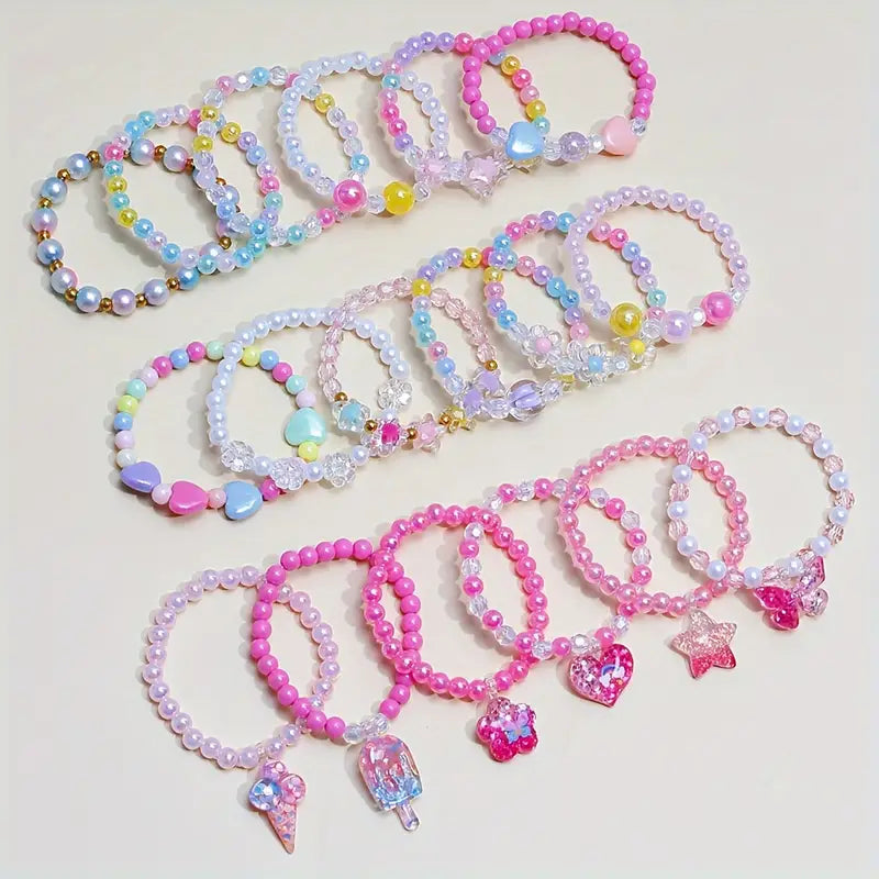 Children’s Beaded Bracelets Set - Colorful Party Favor Jewelry for Girls - 18pcs Elastic Charm Bracelets for Birthday, Christmas, Goodie Bags, and Gifts