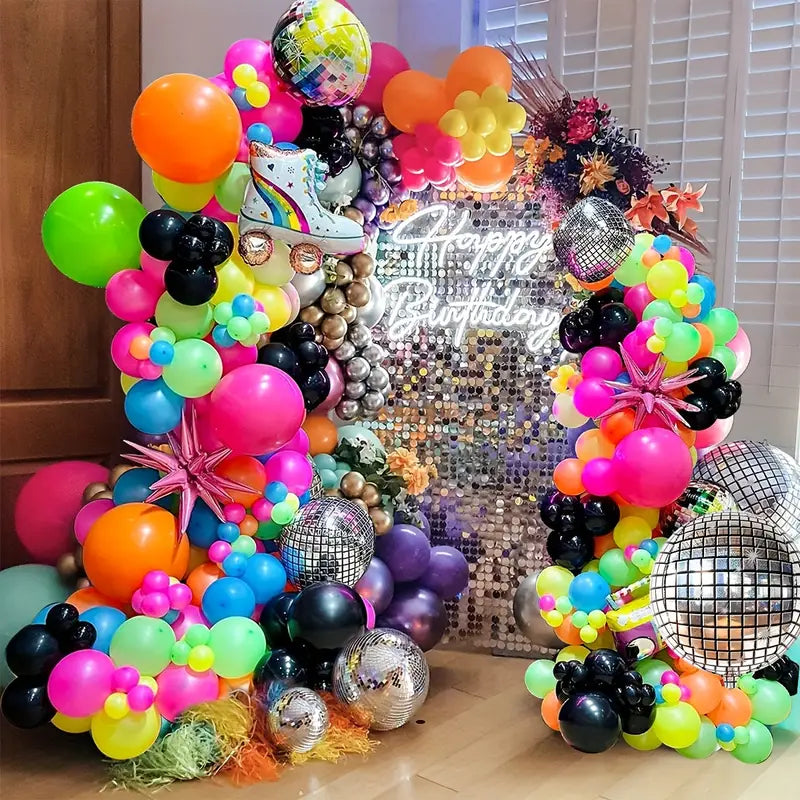 colorful 80s theme balloon arch for kids or adult disco party decor