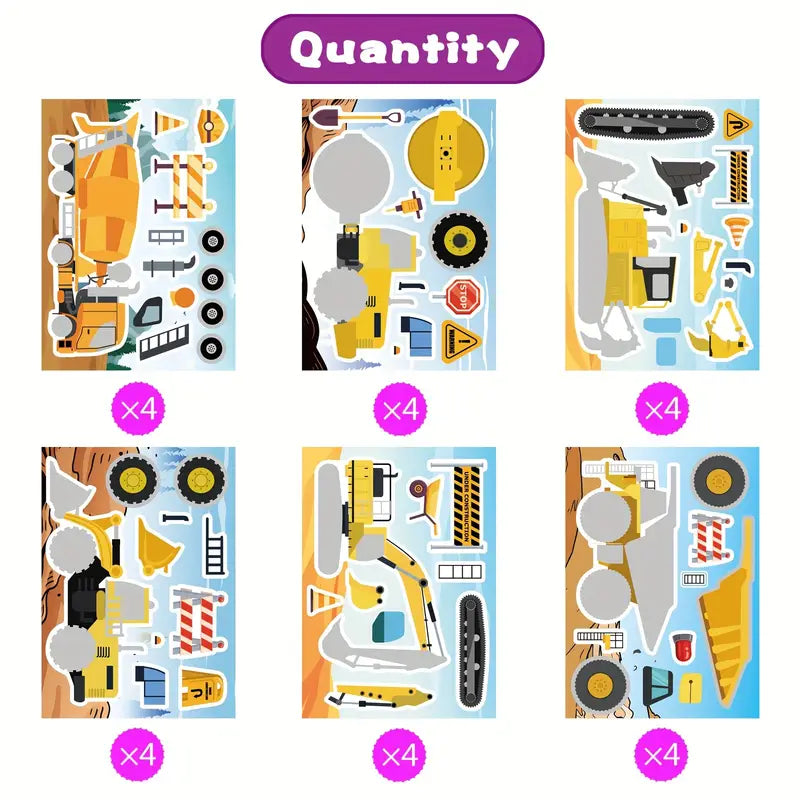 Six construction vehicle sticker designs including excavator, mixer, and bulldozer