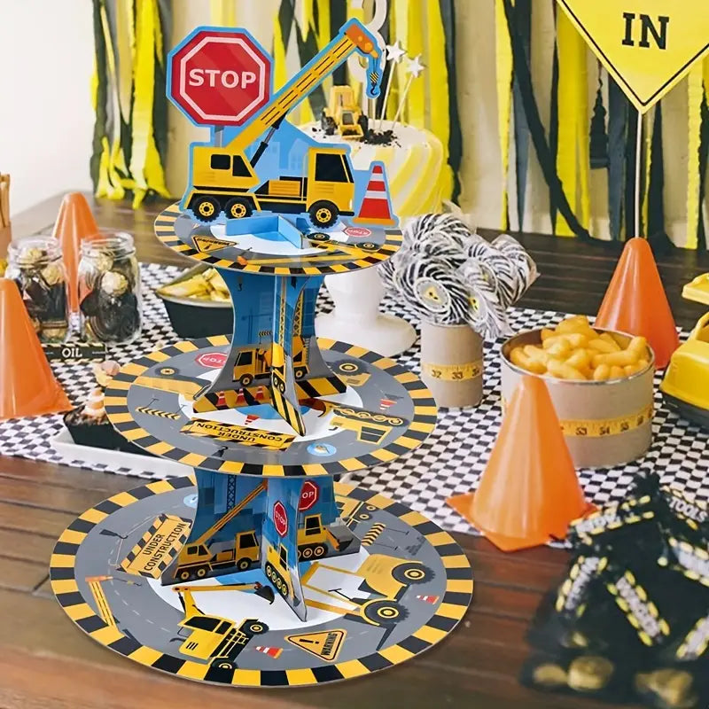 2 Sets Construction Theme 3-Tier Cupcake Stands - Fun Party Decorations for Kids’ Birthday and Events