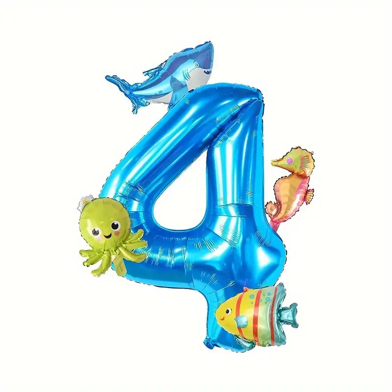 Ocean-Themed Blue Number Balloon Set - Underwater Birthday Party Decorations for Kids - Large 32” Number Balloon with Cute Sea Animal Foil Balloons