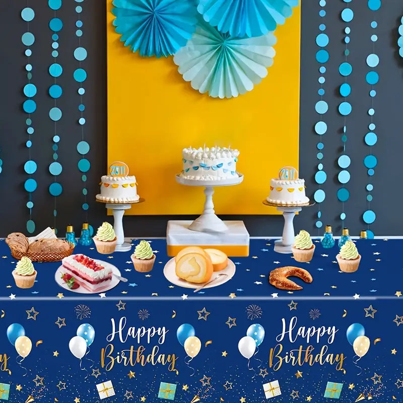 Set of 3 Navy Blue Birthday Tablecloths - Balloon and Star Design for Party Decorations