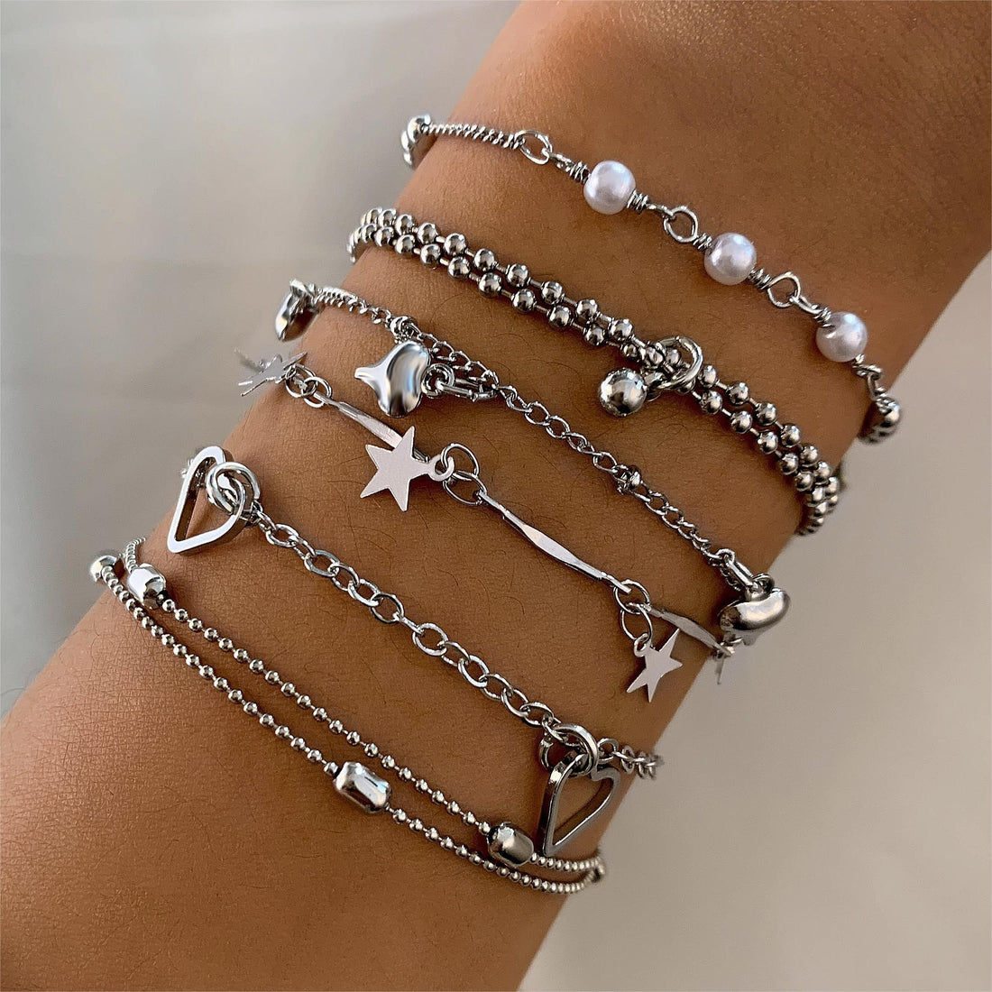 6-Piece Silver Layered Bracelet Set – Adjustable Chain & Bead Bracelets with Stars, Hearts, Pearls | Women’s Stacking Jewelry