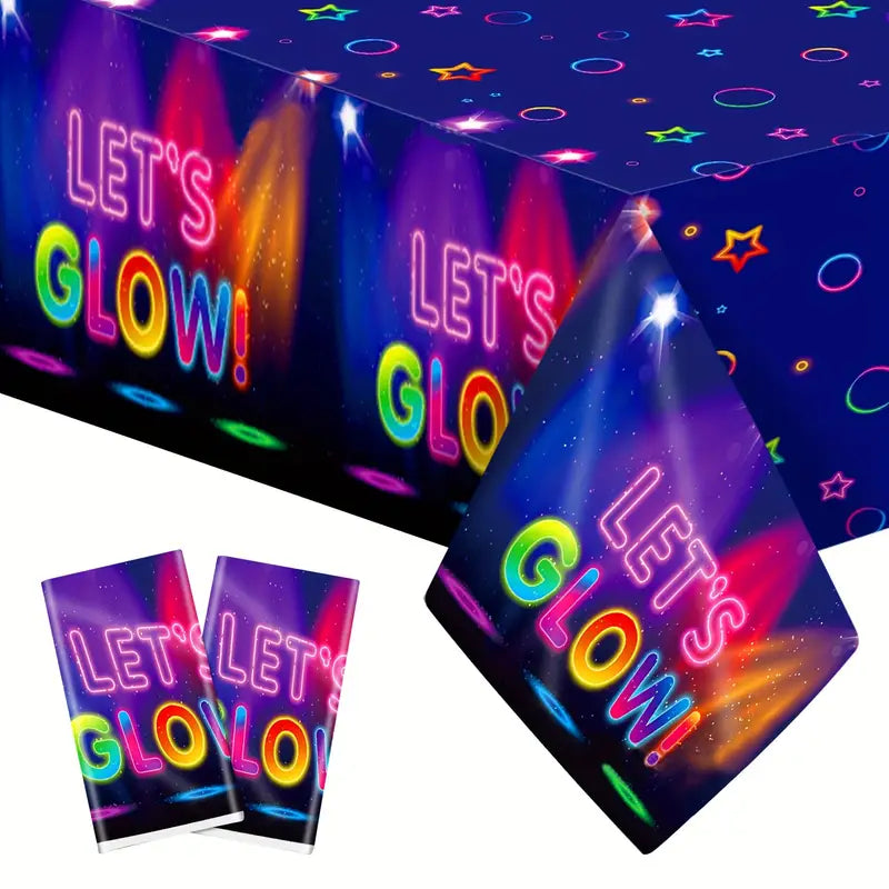 2 Pack Glow Party Tablecloths, 86” x 51” Neon Let’s Glow Disposable Table Covers for Birthdays, Blacklight Parties, Glow in the Dark Events