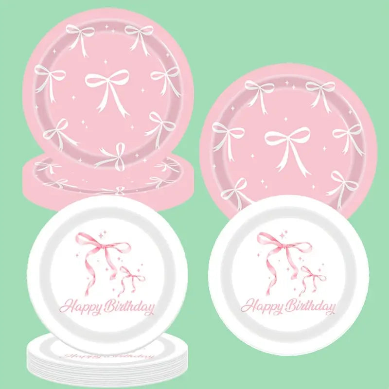 Pink Bow Party Supplies Set (80 PCS) - Plates, Cups, Napkins for 20 Guests, Perfect for Birthdays, Bridal Showers, and Engagements