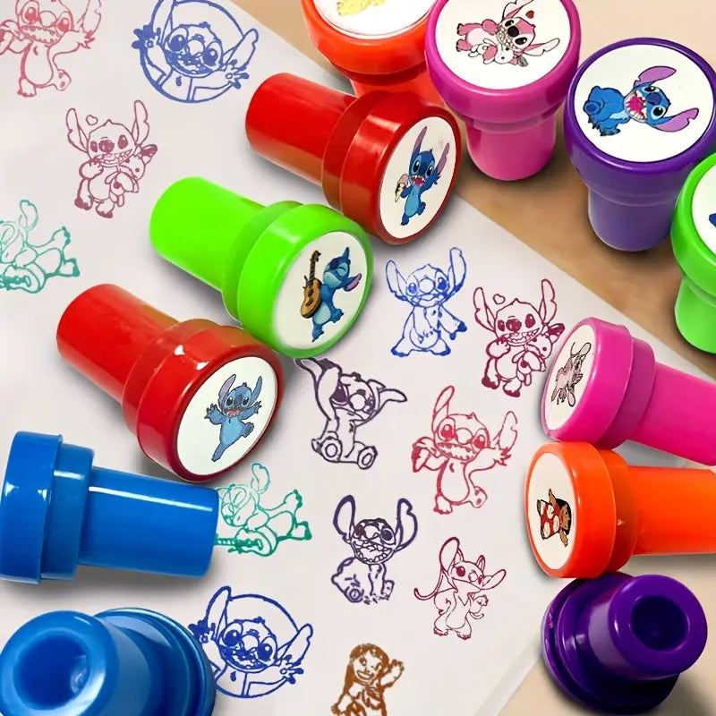Colorful cartoon self-inking stamps with character imprints on paper, perfect for kids' crafts and fun.