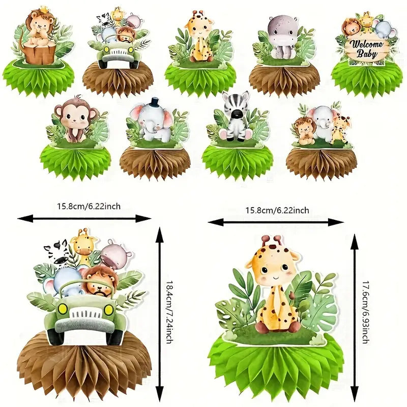 Jungle Animal Party Table Centerpieces - 9 PCS Safari Baby Shower Decorations with Honeycomb Base