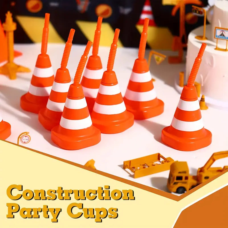 Construction Party Cups - 4 Pack Traffic Cone Drink Cups with Straws | Fun Construction Birthday Decorations, Themed Party Supplies for Kids & Adults