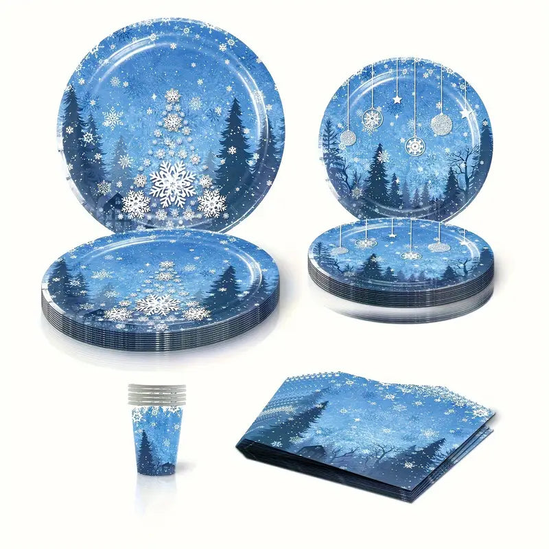 50PCS Winter Wonderland Party Supplies Set – Plates, Cups, and Napkins for Christmas, Winter-Themed Parties, and Celebrations