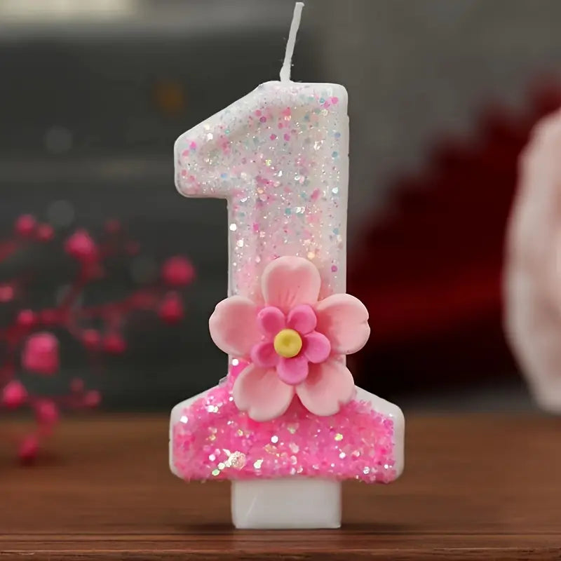 Pink Glitter Birthday Number Candles with Flower - Perfect for Girls’ Birthday, Baby Shower, Party Cake Decorations