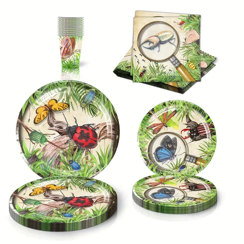 50PCS Bug Themed Party Supplies Set – Includes Plates, Cups, and Napkins for Kids’ Birthday Parties, Nature Events, and Celebrations