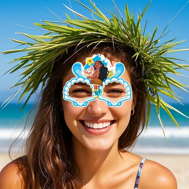Woman wearing Moana-themed glasses with tropical palm trees in the background.